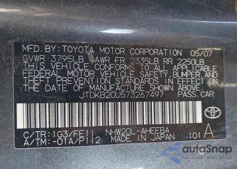 2007 Toyota Prius z USA, uszkodzony, nr VIN JTDKB20U573267497